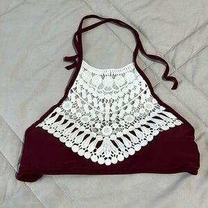SHEIN Maroon Boho Crochet Halter Bikini Top